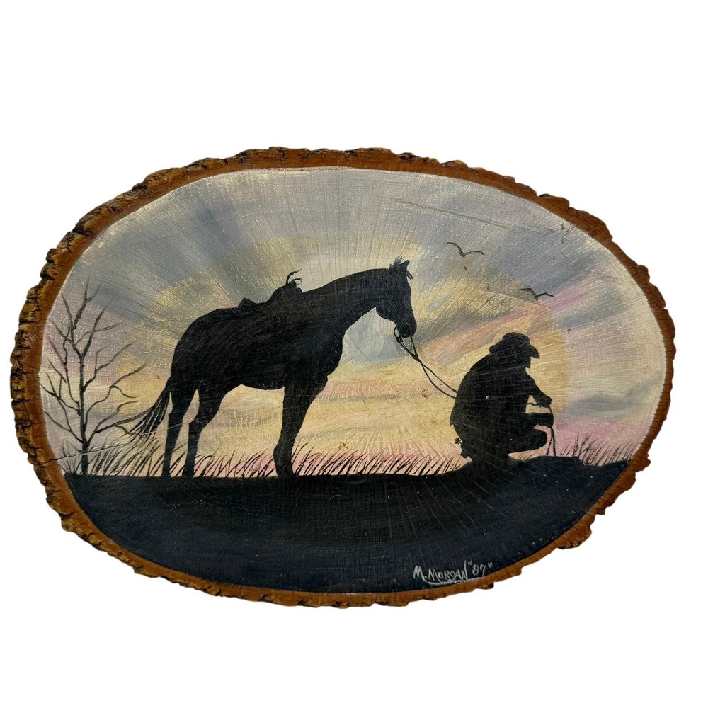 Vtg Morgan 1987 Signed Cowboy Horse Silhouette Live Edge Wood Slice Painting Art